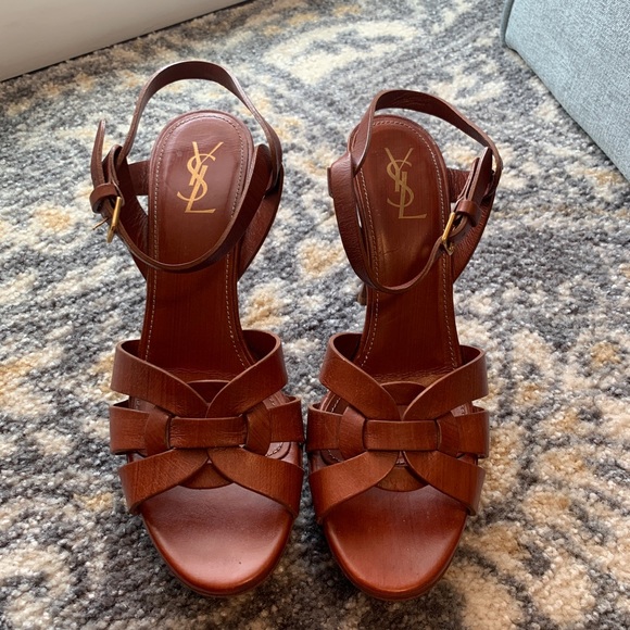 Yves Saint Laurent Shoes - YSL Tribute Sandals Platform Heels - Cognac